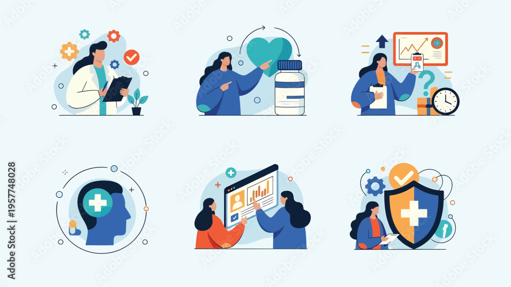 Fototapeta premium Health & Medical Care Concepts: Doctor, Wellness, Insurance, Mental Health Flat Design Vector Illustrations
