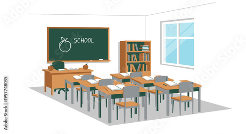 School desks and chairs in classroom.