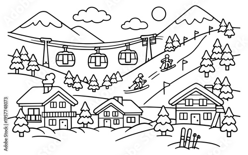 Ski resort scene with gondolas, chalets, and winter sports activities