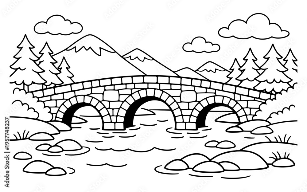 Obraz premium Charming stone arch bridge crosses a flowing river amidst scenic mountains and pine trees