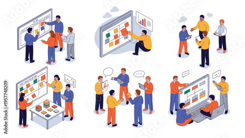 Agile Team Collaboration & Project Management Isometric Set. Business Strategy, Brainstorming, Scrum Development & Workflow Planning.