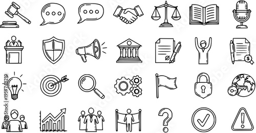 Business Law Communication Justice Icons Set. Hand-drawn Outline Doodle Style Symbols Collection for Management, Marketing, and Abstract Concepts in Black  White Line Art.