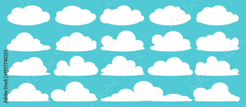 set of vector illustrations of clumpy clouds, cloud bubbles in flat style on a blue background	
