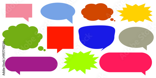 A simple design set of colorful message comment chat boxes. A collection of comic and social media speech bubbles, text boxes, and chat boxes. A vector set of comic and social media speech bubbles.
