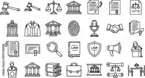 Legal Line Art Icons Set. Black and White Outline Symbols of Justice, Court, and Law Concepts, featuring gavels, scales, documents, and courthouse buildings.