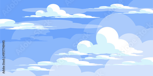 Illustration of a blue sky with white clouds in a flat style. Blue sky background and white clouds. Cartoon sky	