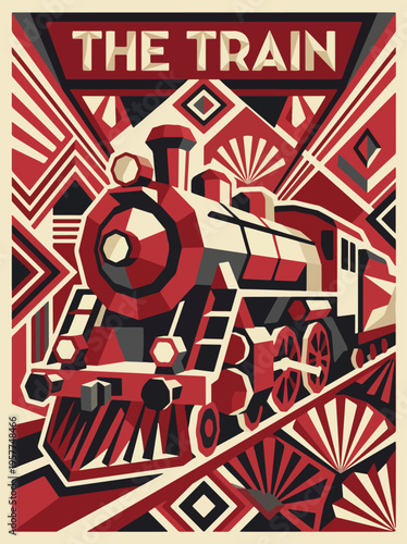 Steam train front view geometric poster with title text