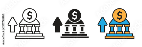 Bank Investment Growth Vector Icon. Vector illustration of a bank building with a dollar coin and rising arrow, ideal for banking services and capital appreciation.