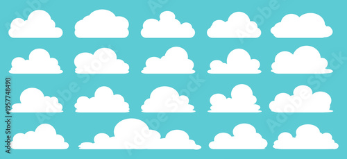 set of vector illustrations of clumpy clouds, cloud bubbles in flat style on a blue background	

