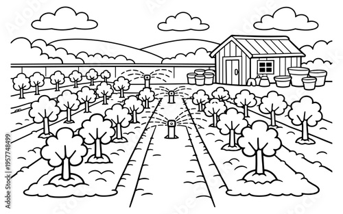Cartoon orchard with sprinklers watering young trees and a small shed