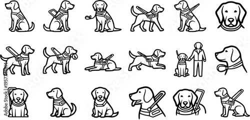 Black and White Line Art Icons of Service Dogs with Harnesses, Vector Illustrations