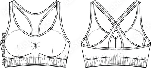 Web"Technical fashion drawing of sports bra front and back views, vector illustration showing racerback neckline, crisscross straps, elastic band, stitching details, 