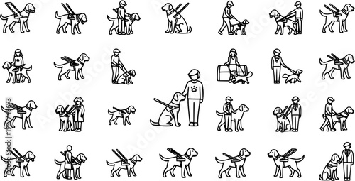 Service Animal and Pet Care Black and White Outline Glyph Icons. Collection of Guide Dog and Human-Canine Relationship Vector Symbols.