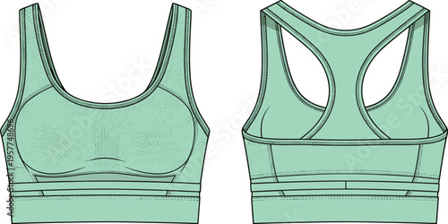 Web"Technical fashion illustration of sports bra front and back views, vector design showing scoop neckline, racerback straps, supportive elastic band, central cutout, stitching details,