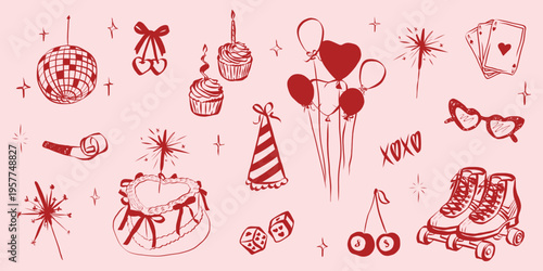 Birthday celebration doodle set with party hats, gifts and champagne. Hand sketched festive icons perfect for greeting cards, vintage invitations and fun event designs. Line art whimsical symbols