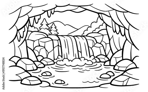 Cartoon cave entrance overlooking a cascading waterfall and serene mountain landscape