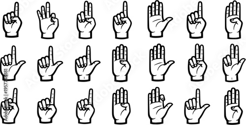 Black and White Line Art Hand Gestures Showing Numbers 0-9 for Communication