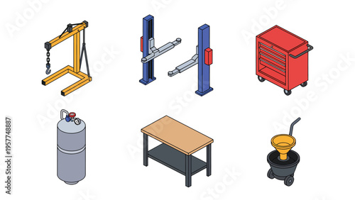 Isometric Garage Tools & Auto Repair Equipment Set. Shop Crane, Vehicle Lift, Workbench, Tool Cabinet, Oil Drain, Gas Tank Icons