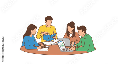 Four people sitting at table working.