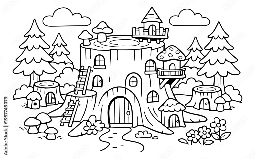 Fototapeta premium Whimsical forest scene with a large tree stump house and mushroom homes