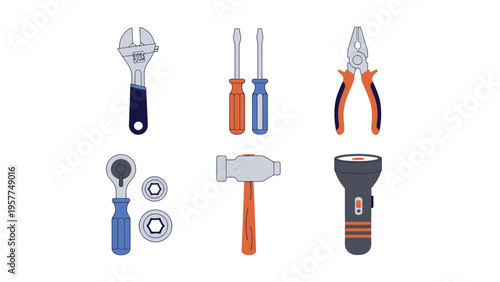 Essential Hand Tools Collection. Wrench, Screwdrivers, Pliers, Ratchet, Hammer, Flashlight. Flat Vector Set.