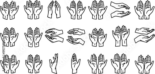 Praying hands icons, open palms, line art set for religious, spiritual or gesture concepts