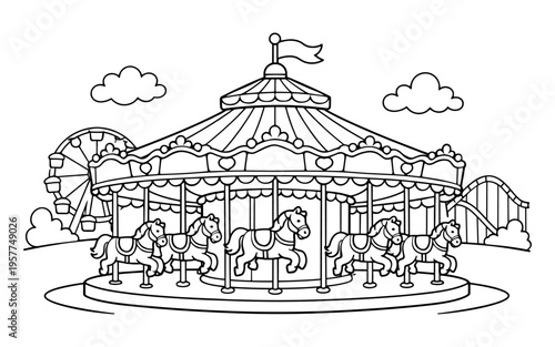 Whimsical carousel with horses and amusement park rides in a playful line art style