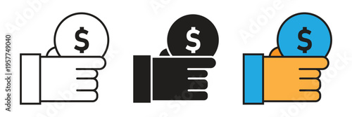 Financial Balance Scale Vector Icon. Detailed vector icons of a hand holding a dollar coin, symbolizing salary, payment processing, donations, and direct financial transactions.