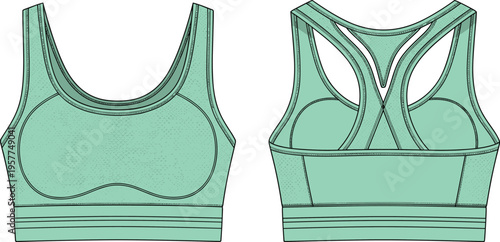 Web"Technical fashion illustration of sports bra front and back views, vector design showing scoop neckline, racerback straps, curved seam lines, elastic band, and activewear garment construction"