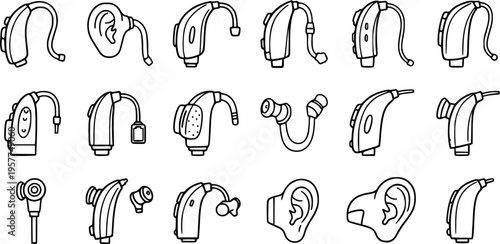Medical Audiology Hearing Aids Devices Black and White Line Art Icon Set. Hand Drawn Doodle Illustrations for Hearing Impairment and Health.
