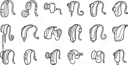 Black and White Line Art Collection of Various Hearing Aids, Medical Device Icons