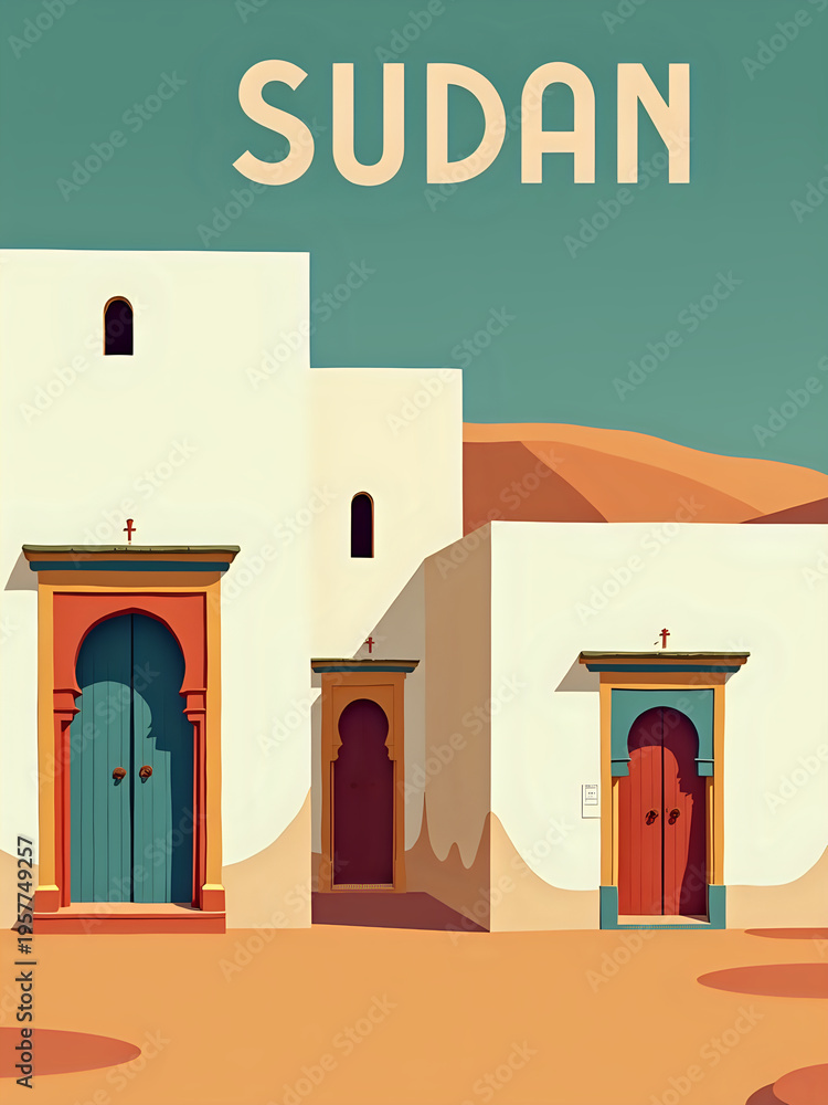 Fototapeta premium Several simple doors painted in blue and red, set against a backdrop of white walls. The setting is in Sudan, near sandy hills under a blue sky.