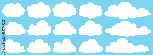 set of vector illustrations of clumpy clouds, cloud bubbles in flat style on a blue background	
