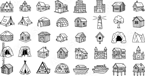 Black and White Line Art Icons of Various Buildings and Structures