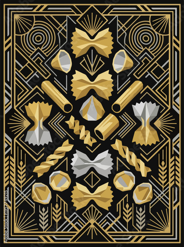 Geometric pasta pattern poster with assorted pasta pieces