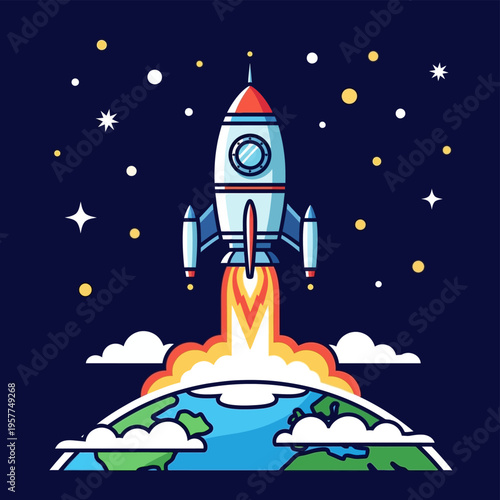 Rocket Ship Blasting Off Space.