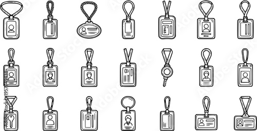 Vector Line Art Icons of ID Cards and Lanyards, Security Access Badges and Holders