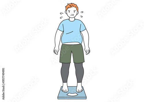 体重計に乗る太った男性の全身図