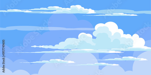 Illustration of a blue sky with white clouds in a flat style. Blue sky background and white clouds. Cartoon sky	