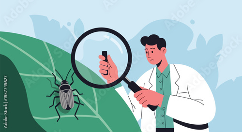 Scientist Examines Insect on Leaf.