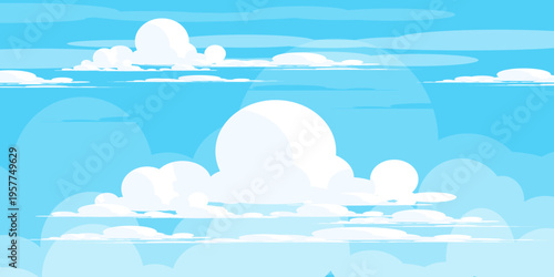 Illustration of a blue sky with white clouds in a flat style. Blue sky background and white clouds. Cartoon sky	