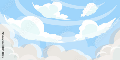 Illustration of a blue sky with white clouds in a flat style. Blue sky background and white clouds. Cartoon sky	