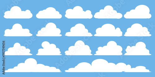 set of vector illustrations of clumpy clouds, cloud bubbles in flat style on a blue background	

