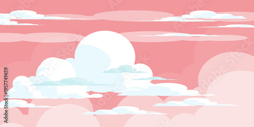 Cute pink sky illustration with cloud bubbles. Nature scenery theme