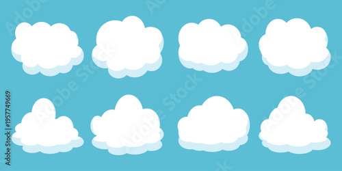 set of vector illustrations of clumpy clouds, cloud bubbles in flat style on a blue background	
