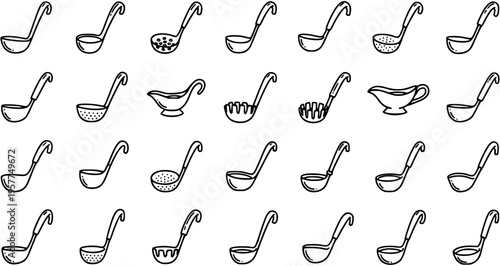 Black and White Line Art Illustration of Various Ladles and Gravy Boat on White Background