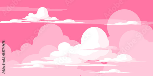Cute pink sky illustration with cloud bubbles. Nature scenery theme
