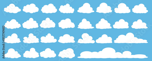set of vector illustrations of clumpy clouds, cloud bubbles in flat style on a blue background	
