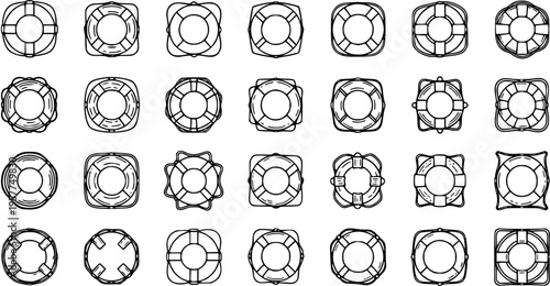 Maritime Safety Lifebuoy Line Art Icon Set. Black and White Outline Collection of Water Rescue Life Rings and Preservers for Boating and Beach Themes.