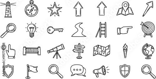 Black and White Hand-drawn Line Art Icons Set for Business Strategy, Exploration, and Navigation - Doodle Symbols for Discovery, Goals, and Guidance